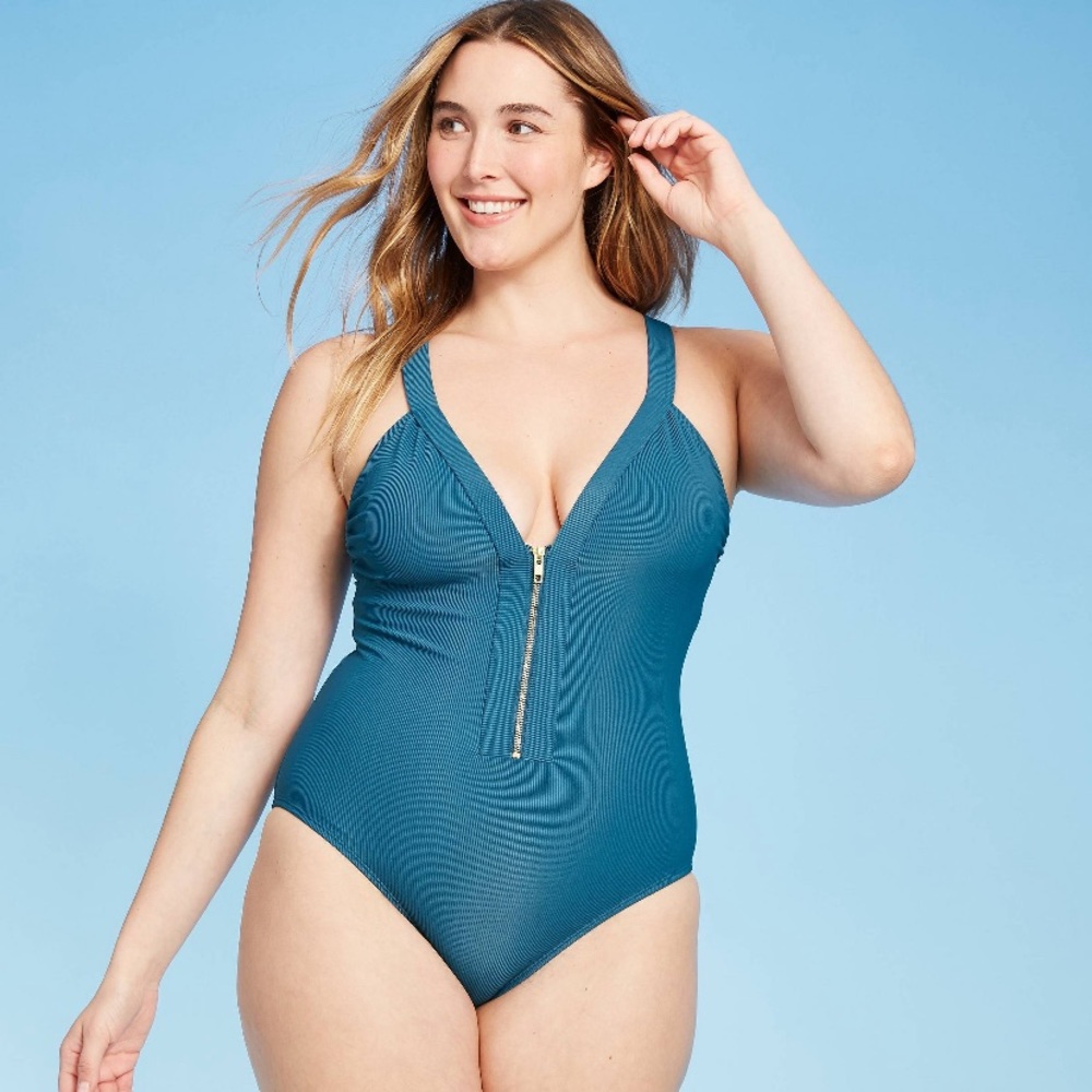 Kona Sol Blue Ribber Faux Zipper Med Coverage Suit